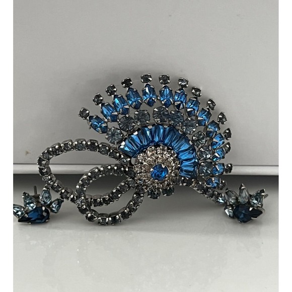 Vintage Sherman Brooch Earrings Dome Signed Blue Rhinestones Crystal Swarovski - Picture 8 of 14
